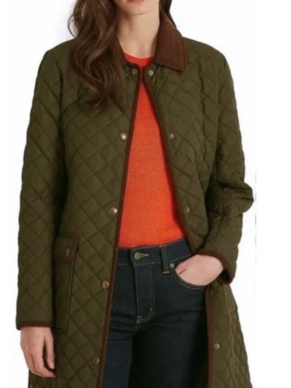 Ralph Lauren Black Label Olive Quilted Trench Coat with Brown Trim